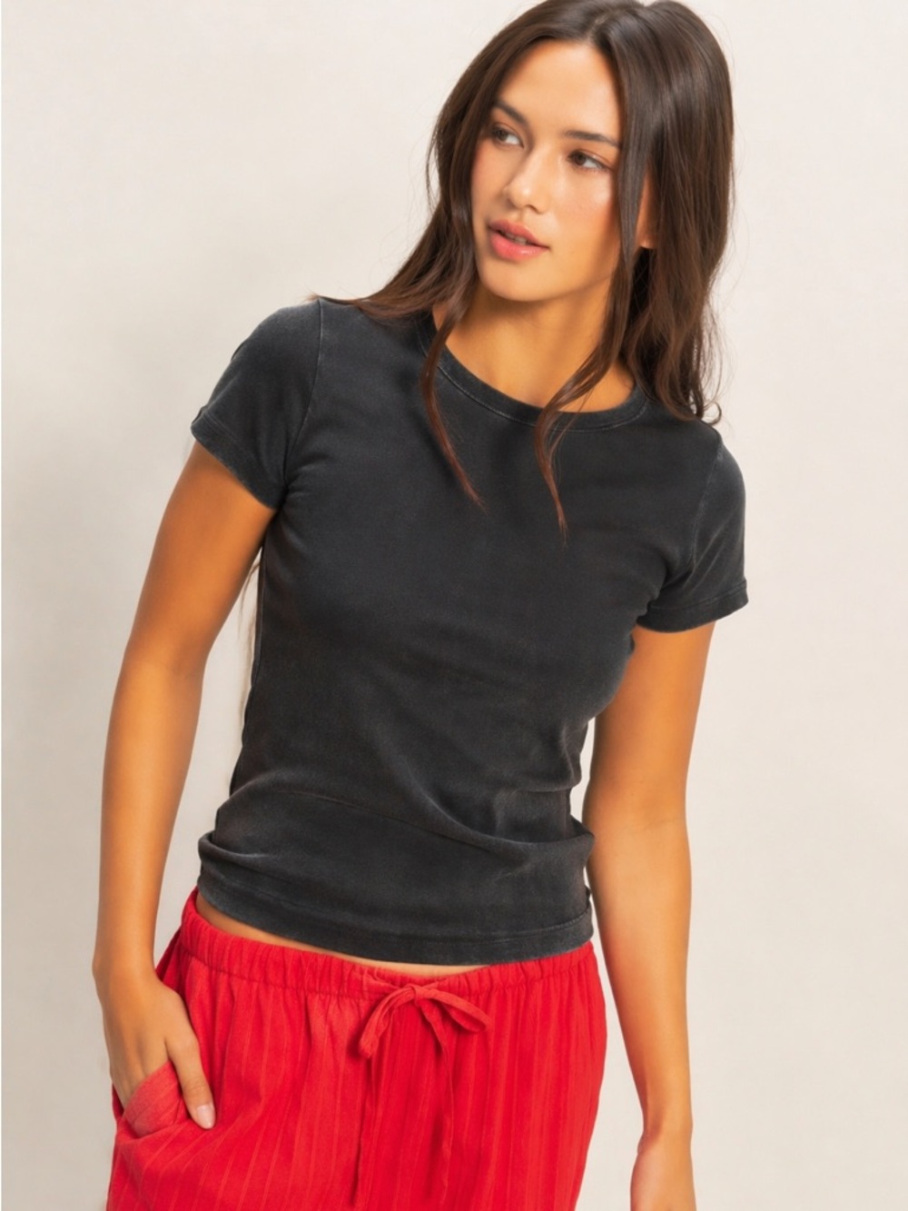 Double Zero Cotton Mineral Wash Black Fitted Tee Small Cropped Basic